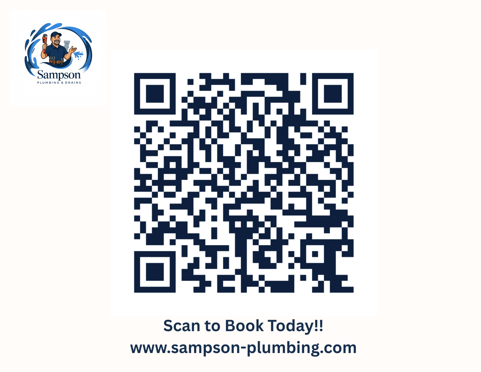 Original Sampson Plumbing booking postcard with QR code linking to www.sampson-plumbing.com
