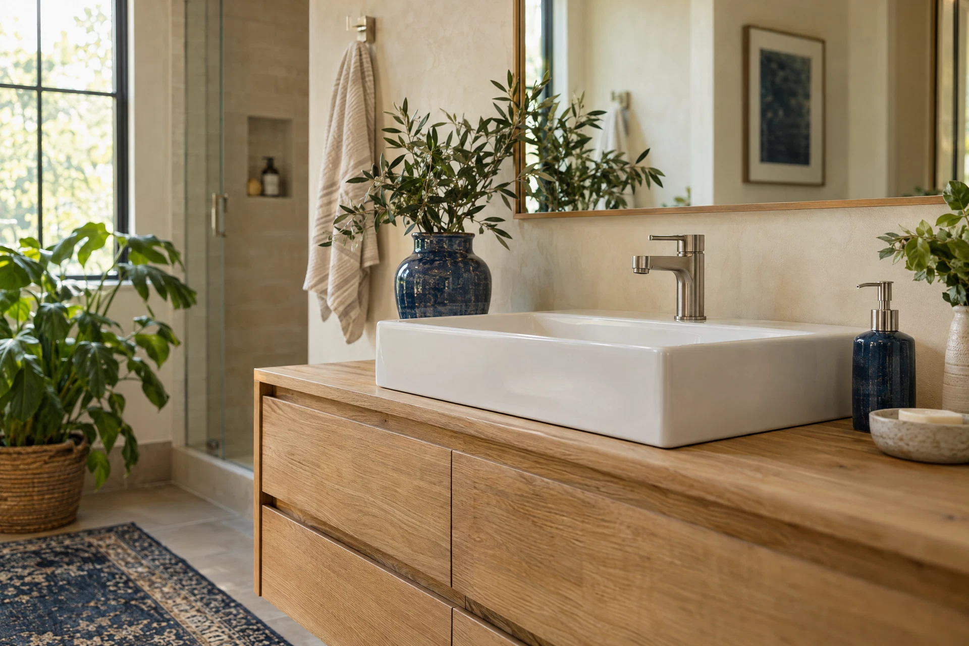 A bright home bathroom with an oak vanity and chrome faucet — illustrative image